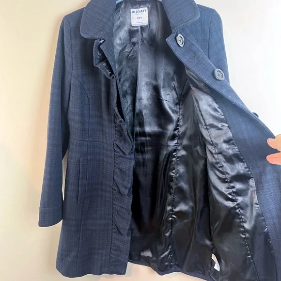 Old Navy Plaid Wool Blend Pea Coat Ruffle Medium Academia Pockets Navy Black - Picture 7 of 10